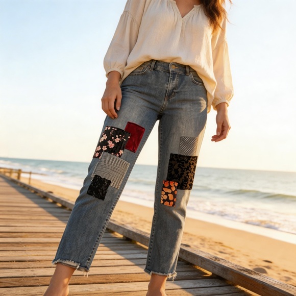 LOGO by Lori Goldstein Denim - LOGO Lori Goldstein Patchwork Boyfriend Jeans Raw Hem Ankle Crop Size 6 Boho